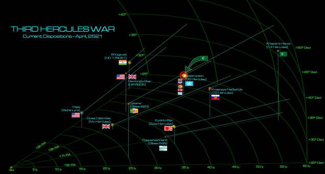 Here we see the current state of the Third Hercules War.  While the spinward shoulder of the Hercules Rim continues to see battles focused on Hawking’s Star, the Arab League has launched a strike at Imperial Russian holdings in the UN Mandate of the Redemption (99 Hercules) system.  While the Americans have no claim in 99 Hercules yet (part of the reason they’re fighting this war), they’re here to help their Russian allies, and perhaps convince the UN to lease them holdings in 99 Hercules in the process.