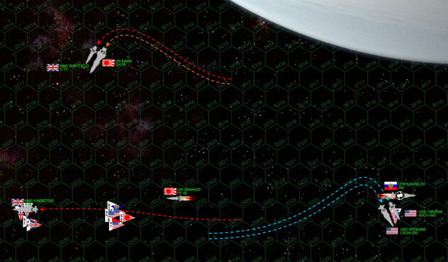 While the Urakaze and Gavrilov both spin out of control, burning and dead in space, the remaining ships of both sides streak past each other, engines on all ships pulling hard against Eastman’s Manor’s gravity as they begin to turn back toward each other.  The Spokane actually side-slips to port slightly, then turning starboard to line up a long-range broadside on the stern of the carrier HMS Vindictive, which has slowed slightly to recover her bombers and some of her fighters, clearly to rearm for a second strike.  Four Marine Grumman FS/A-81 “Avenger” torpedo bombers also land in the bays of the USS Tarawa.  The Kama and the Sheffield have also set up long-range broadsides on the Tarawa, hoping to cripple the light carrier WHILE she’s rearming bombers.  The enhanced gravitic shielding and electronic warfare suites of the Tarawa, however, along with the 3000+ kilometer range, spare the little Marine carrier the worst of enemy fire.