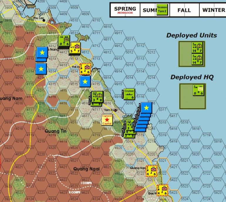 Elements of the 3rd Marines were activated as defensive reserves using airmobile points, and quickly got into contact with the attacking forces to start a push back. With a cruiser also moving to support, the US forces regained the lost towns, forcing the VC units into retreat. Follow-up attacks were poorly executed (dice rolls!!) and the VC forces could not be persuaded to leave the point-scoring cultivated hexes.