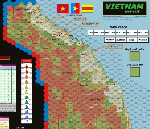 Quick note on scoring - typically, the NLF player receives victory points for each unit occupying city, capital and cultivated hexes at the end of a scenario. They also gain lots of points for entering a capital or major city during the scenario and eliminating US counters and a lesser amount of points for US Replacements expended to cover losses. The US player receives a smaller amount of points for VC units destroyed or dispersed or NVN counters destroyed or replacement points expended. The main focus for the US player in a scenario is not to lose control of the cities and population centers.