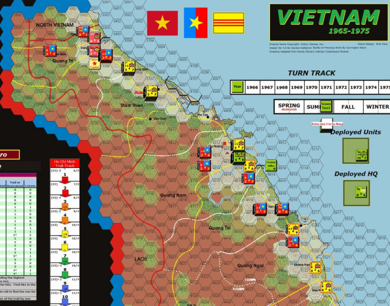 (NVN first actions shown) The Battle for I Corps scenario represents actions during the Tet offensive in the north of South Vietnam. 1st & 3rd Marine elements are present in dispersed deployments as is the 26th Marine in the consolidated deployment. Elements of the 101st, 23rd Division, 1st Cavalry and artillery support are also deployed.  Battalion and regiments from the 1st and 2nd ARVN are available - the 2nd is 'ineffective' for the whole of the scenario (cannot conduct operations, essentially a garrison force). All US controlled forces start in pre-determined hexes. A Cruiser, respectable amount of Air Points and limited airmobile points are available to the US Player. The NVN player gets 2 VC regiments, 25 VC battalions and 6 Pol sections (dummy units) to deploy anywhere in the play area. The NVA 304th, 325th, & 320th divisions and some minor support can be deployed anywhere in NVN or Laos. The NLF player scores points for occupying even if expelled in this scenario, so it becomes a true rush for the population centers. Being an offensive (Tet), the NLF player scores a point for every attack made. Final scoring is (NLF score - US score). 65 or less is a US victory, 66-85 is a draw.