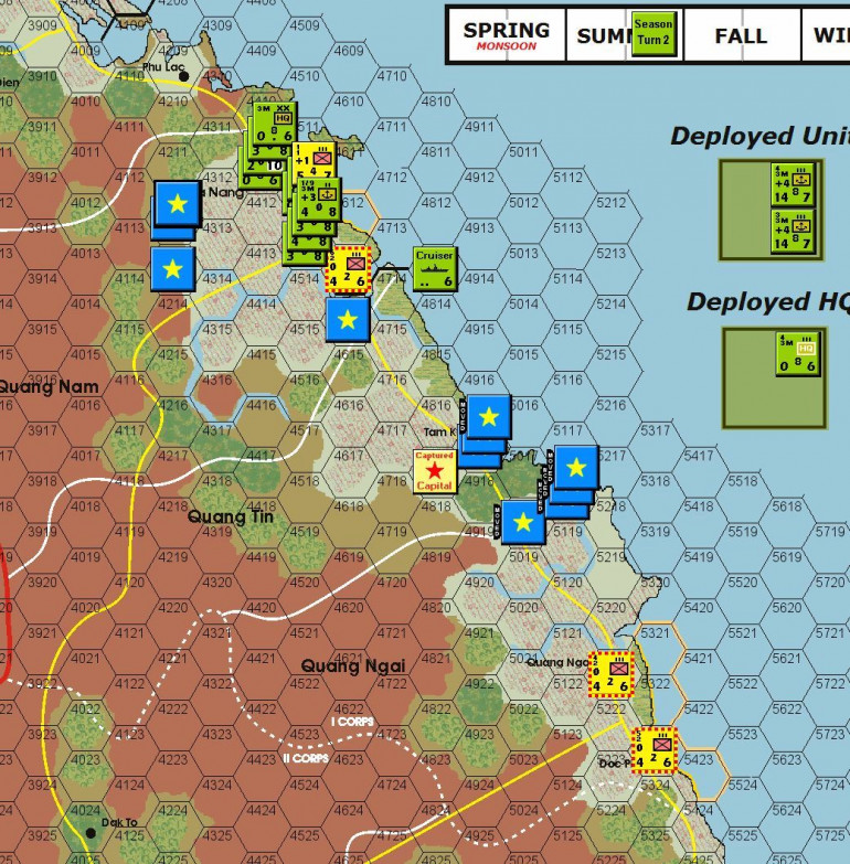 The NLF player continued the attacks in the south, focusing on the ineffective 2nd ARVN forces. These units were forced to retreat or disperse even with some limited US air power in support.