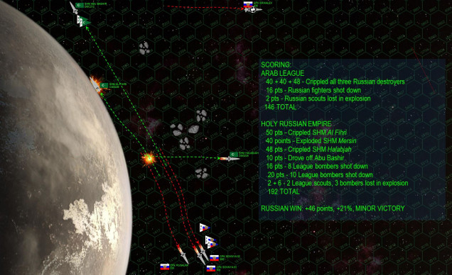 There are literally only two ships left ... the CPK Krikalev (rolled on her back to fire more torpedoes from her portside tubes) and the grievously-damaged Abu Bashir, which has already been forced for break off the action anyway.  The crippled ships make their post-battle recovery rolls, some of them with Commander’s Luck points.  Commander Alexander Kharichev aboard the CPK Rusalka escapes serious injury from the destruction of his bridge, he’ll also get his ship home in one piece, eventually.  The Halabjah will also be recovered, but the Al Fihri is pulled down to the surface of the KV323 and vanishes in a spectacular explosion as she hits the charred dwarf planet at 18 kilometers per second.  The captains of both the Al Fihri and the Mersin will live to fight another day, although again, some Commander’s Luck points had to be used.     