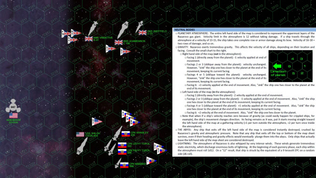 Here’s the matchup.  Yes, the British are heavily outnumbered, but their ships are all very heavily upgraded with elite crews.  Rasmus’ Russian force is more or less brand new, and contains much lighter ships.  The gravity special rules are to the right.  Yes, this is a GAS GIANT battle, where gravity rules are f***ing brutal and can kill a ship without even being fired on.  “Outside” the gas giant atmosphere (right side of the board), the rules are less severe.  “Inside” the atmosphere, however, the gravity rules get crazy, plus there are atmospheric friction rules and enormous sheets of lightning.  Why even mess with that side of the table?  To hide from your enemies,  to drag them down with you, or to be the closest ship to the station (bonus 100 victory points).  But it’s dangerous, make no mistake. (SPOILERS - there IS a math mistake here, I address this later).