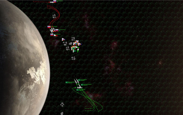 Both sides take the risky choice of cutting INSIDE the lunar debris belts over KV323 as the ships close the range to engage.  But Darkstar is a subtle game, and two important factors are at play here.  One, the Russians seem to have the “gravity gauge,” cutting closer to the planet and turning AWAY from KV323 to engage the League, who in contrast must turn TOWARD the planet to engage the Russians in turn.  This will have fateful consequences later.  Also, the League’s bombers have moved much too close to the Russians and outdistanced the mass drivers on their own warships.  In short, they have no point defense cover as the Russian fighters (Mikoyan-Guyevich MiG-103 “Tunguska” class) swarm over them.  The Arab League “Mylekinir” (Fire Angel) fighters sweep in to respond, and wreak heavy damage on the Russian MiGs.  But it’s too late to save any of the League’s bombers.  Some Russian MiGs and scouts are even able to fight back against the League’s Fire Angels.  Russian bombers, meanwhile, remain at a safe distance back, comfortably under mass driver cover of their three destroyers ... who also just launched a combined 30 P-500 “Plamya” (Flame) torpedoes from their forward spreads.    