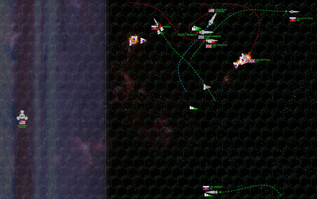 Things continue to go badly for the Americans.  The USS Shiloh is by far the heaviest warship on their side, but it is deftly outmaneuvered by the Agamemnon (the fastest heavy cruiser in Known Space), who puts a broadside right into her stern at point-blank range.  The damage is horrific, but it is misplaced.  Vital engines and reactors are largely missed, and the Shiloh, by the grace of God, survives what should have killed her outright.   Meanwhile, the Shiloh tries to shoot back as best she can, her forward guns taking grim vengeance on the HMS Sheffield, who is crippled by Shiloh’s massive 10-gigawatt rail guns.  The Russian aerospace and torpedo strike hits the stern of the Agamemnon, but again not enough hits ... and what does hit ... hits in the wrong place.  The Agamemnon survives as well.  