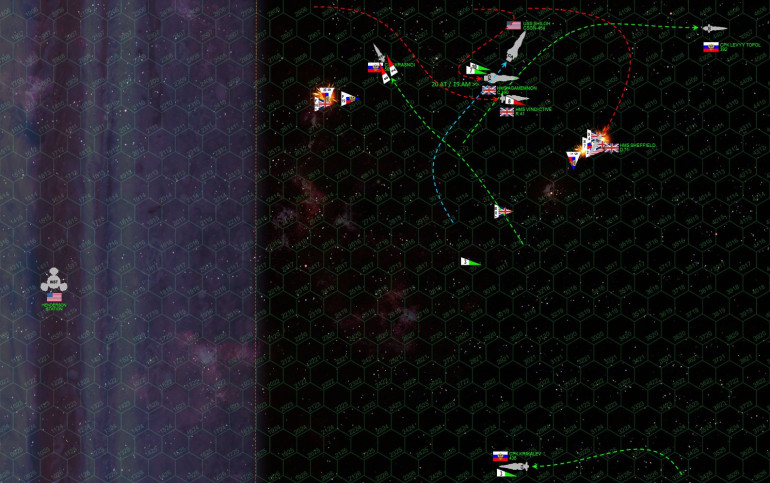 Things continue to go badly for the Americans.  The USS Shiloh is by far the heaviest warship on their side, but it is deftly outmaneuvered by the Agamemnon (the fastest heavy cruiser in Known Space), who puts a broadside right into her stern at point-blank range.  The damage is horrific, but it is misplaced.  Vital engines and reactors are largely missed, and the Shiloh, by the grace of God, survives what should have killed her outright.   Meanwhile, the Shiloh tries to shoot back as best she can, her forward guns taking grim vengeance on the HMS Sheffield, who is crippled by Shiloh’s massive 10-gigawatt rail guns.  The Russian aerospace and torpedo strike hits the stern of the Agamemnon, but again not enough hits ... and what does hit ... hits in the wrong place.  The Agamemnon survives as well.  