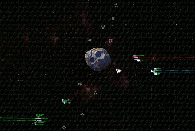 The two battlegroups vector toward each other and make their initial approach.  Note the large asteroid, about 1000 kilometers across at its widest point (about the size of France), surrounded by smaller planetismals and protoplanetary debris.  Fighters and bombers are launched from the Mutamid, Abu Bashir, and Novorossysk, both sides aggressively pushing bombers forward while also screening them behind asteroids and keeping them within covering range of friendly mass drivers.  Only a few ships can see each other at the moment, many lines of sight are blocked by “Kuiper Belt” asteroids. 