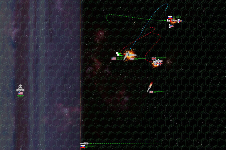 The tide turns with ... with thunderclap speed.  USS Shiloh beats HMS Agamemnon on initiative, despite Agamemnon’s slightly faster speed.  As Agamemnon maneuvers away from the planet and accelerates to escape velocity, the Shiloh comes hard about in a fishhook turn and powers down after her, using the planet’s gravity to pull her down sideways, thus slip-stepping INTO Agamemnon’s hex and putting a broadside across Agamemnon’s stern at less than 100 kilometers.  It’s beyond point-blank, and the Agamemnon is beyond doomed.  Rear-Admiral Saunders fires her turrets in turn, intent on CRIPPLING Agamemnon but careful not to MURDER the ship by exploding her engines.  This isn’t just “star chivalry” – it’s also so Shiloh can put the extra guns into the stern of the carrier HMS Vindictive, which has already started landing her bombers for a second strike.    