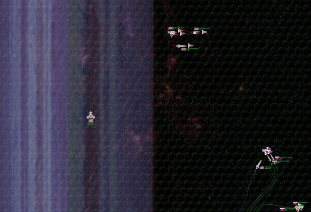 The opposing formations make their approach, start launching fighters and torpedoes.  Looks like the British are trying to keep the “gravity gauge” (keeping themselves between the enemy and the planet, forcing the enemy to turn INTO gravity to engage them) or maybe they’re just keeping their options open to move toward the American station later. The Russians, meanwhile, are already having communication problems with their American allies, the USS Shiloh and the two Sovnya class destroyers aren’t exactly in close formation.  Meanwhile, the Russian carrier CPK Krikalev remains well back, escorted by the frigate CPK Krasnoi.  