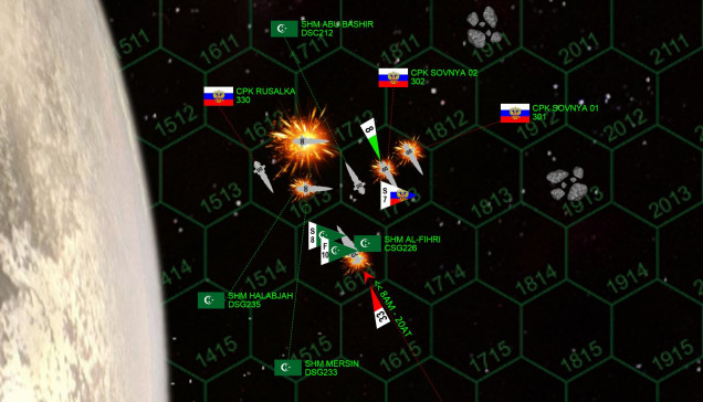 The Battle of KV323 is determined with horrific speed.  As if so many ships at point-blank range weren’t bad enough, the 72 Hercules star emits a huge sheet of HIGH frequency EM radiation, taking down everyone’s shields by -1 this turn.  This ... is gonna get BLOODY.  First, the Mersin’s aft guns fire point-blank into the port bow of the CPK Rusalka. The Rusalka reels, but the her plasma projectors into broadside into the stern of the Mersin.  Not only is the Mersin crippled, she actually EXPLODES in a cataclysmic fusion-powered blast.  The Halabjah fires her after guns into the Rusalka at the same instant as the Rusalka fires her rail guns into the Halabjah’s stern.  The Halabjah manages to burn her way into the Rusalka’s port bow in the same place the Mersin hit her just a moment before, striking the Rusalka’s bridge and knocking her out of the battle.  But the Halabjah’s also in trouble, the Rusalka’s 7-gigawatt rail gun hits in her powerplant, plus the shockwave of the unfortunate Mersin, actually leave her crippled as well.  The Al Fihri and Abu Bashir manage to shoot down most of the Russian aerospace torpedoes, and the Al Fihri’s broadside cripples the first Sovnya destroyer.  But enough of the P-500s from the three destroyers hit her engineering section (as well as the two Sovnya destroyers hitting her port bow and setting off her forward magazine) to leave her crippled as well.  Immediately the order is given to abandon ship since, try to the AI’s warning, the Al Fihri does NOT have escape velocity to clear KV323 on this trajectory.  The second Sovnya, meanwhile, hammers the Abu Bashir, not managing to cripple her but definitely forcing her out of the battle.  That second Sovnya, however, has also been damaged by Al Fihri, and a heartbeat later the blast wave from the Mersin’s explosion hits her, and actually cripples her as well.  Indeed, the CPK Rusalka has thus crippled THREE warships in a single fire phase ... even if one of them was a fellow Russian ship.  =*(  Note that a handful of Russian scouts, League fighters and League scouts are also lost in this explosion.    