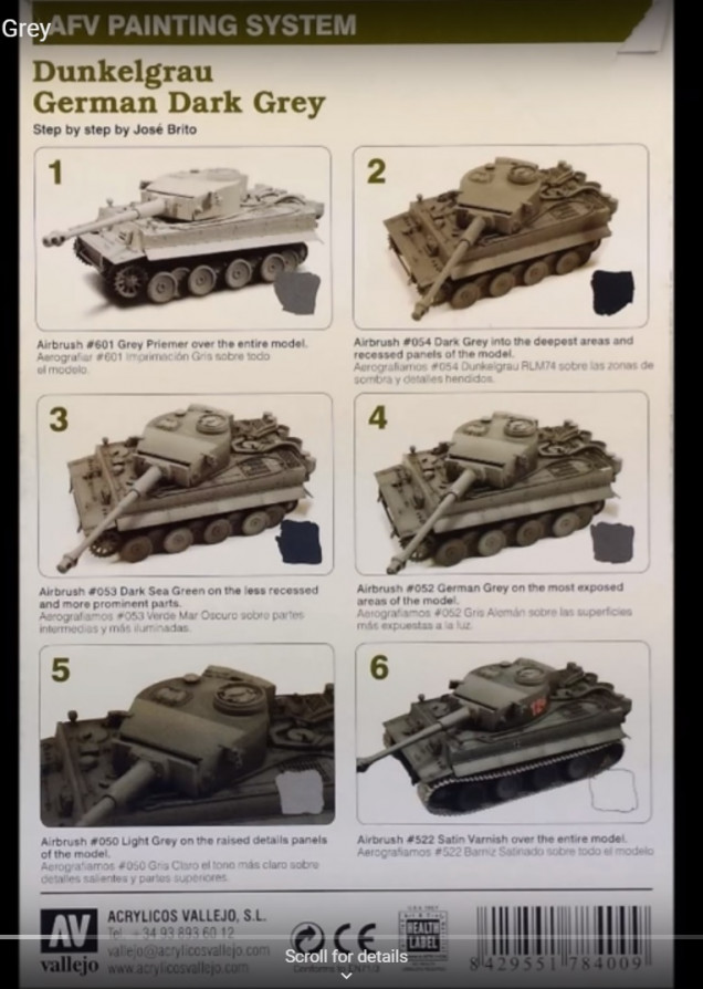 I found this inside a youtube video (https://www.youtube.com/watch?v=3E6vVPaZkt4 ).  it's the Vallejo guide for painting German Tank Grey (Dunkelgrau).  I already own all but one of these paints.  Guess I'll give this a shot