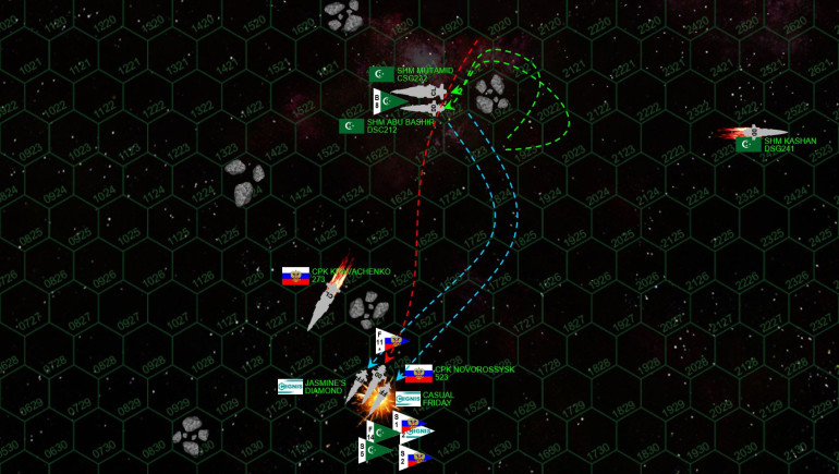 At this moment, with two destroyers and some scouts destroyed against the crippling of the Kravachenko, the Russians are narrowly winning the battle.  Therefore they decide to try to break off, turning to 180 and rapidly making for the bottom of the table.  They manage to get behind the asteroid field at 1427, covering their escape from Mutamid’s guns.  But that doesn’t hide them from the “Mylekinir” (Fire Angel) fighters of the Mukamid and the Abu Bashir.  Many are shot down by the mass driver fire of the Novorossysk and Jasmine’s Diamond, but the Casual Friday (which had lost her port bow shielding earlier to Arab League EPCs) is hit by a pin-point fighter strafing attack targeting the security frigate’s bridge.  Her skipper, Sr. Director Greg Shapiro, is killed in the attack.
