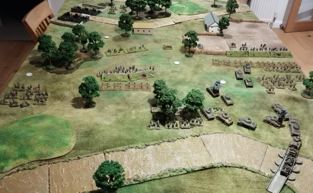 The state of play as seen from the Allied perspective. Note the forces massing for the attack on the right flank and the infantry trying to 'sneak' up the left