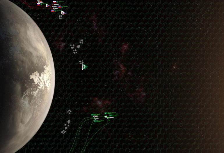 The two fleets make their approach.  The Russian carrier flagship stays well clear of any potential battlezones, instead launching her fighters and sending her three destroyer escorts out to engage the League at close range.  Initially the Russian destroyers are completely blind, well-hidden behind lunar debris in low orbit over KV323.  Not that it matters much, the star is currently streaming out mid-frequency EM turbulence, and everyone is at -1 to hit.  Still, the Al-Fihri and her escorts have the Krikalev broadsided.  The range is almost 4200 kilometers, but even at this distance, even through the EM storm, the League scores the first hits, damaging the Russian flagship along her starboard bow.