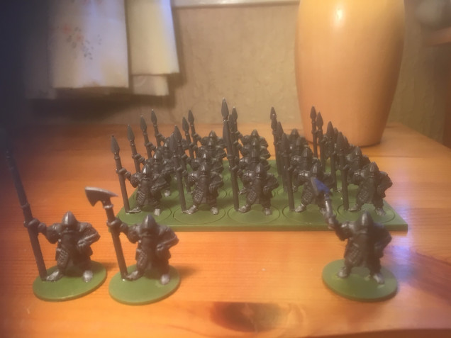 Full 20 man unit with banner, character and personnal standard-bearer. Also a dwarf with an axe.