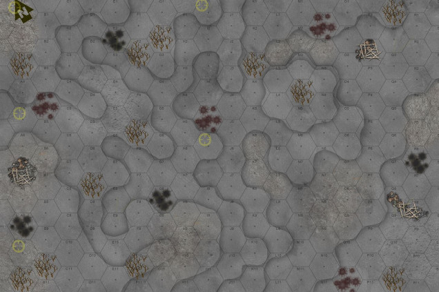 Here is the map.  Obviously we have some very jagged elevation here, sloping up from low ground in the east to high ground in the west.  Objectives are marked, the Marines must take at least three of them within six turns.  Crater markers are the same ones I created for World War I Valor & Victory.  There are also 