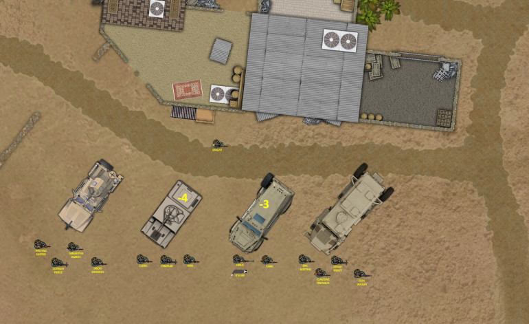 Our three teams and our vehicles - X Team Sigma has the JTLV, the Sultan and the HMMWV are allocated to our player characters in the center (X-Team 619), and X-Team 220 (the junior support team) has the MRAP to the right.