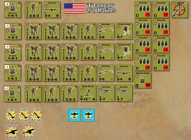 The Marine Force, showing 105 officers and men.   Constructed per F-Series TOE / OB FM-1 dated May 1944, nothing above battalion level, accounting for several days of casualties (a full Marine rifle company would actually be a lot bigger than this).  Included are flamethrowers issued from Battalion S-4, but everything else is right out of standard company OOB, including M1919A4 .30 cal machine guns, Bazookas, and 60mm mortars.  Support missions include three light barrages (81mm mortars) from battalion, two heavy barrages from regiment (28th Marines), and two fighter-bomber strikes (F-4U Corsairs from USS Bunker Hill).