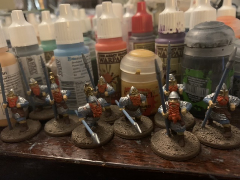 Th beards were the next to last base color laid in. The last color will be the Wolf Gray and that should just be a few touch ups on the spear and some of the cloth. 