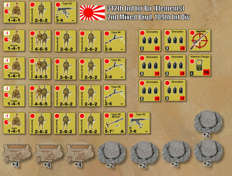 Japanese force, showing an understrength company from 312th Independent Infantry Battalion, 2nd Mixed Arms Brigade, 109th Infantry Division of the Imperial Japanese Army.  The 312th were the troops assigned to defend Mount Suribachi.  Note the new bunker and cave entrance counters created for this game.  Japanese infantry will be able to travel UNDERGROUND between cave entrances so long as the entrances are within four hexes, very handy when the Marines are sweeping the ground above with .30 cal, flamethrowers, and mortar fire.