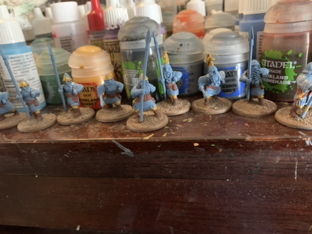 Started laying in the basic colors for the last nine spearmen. 