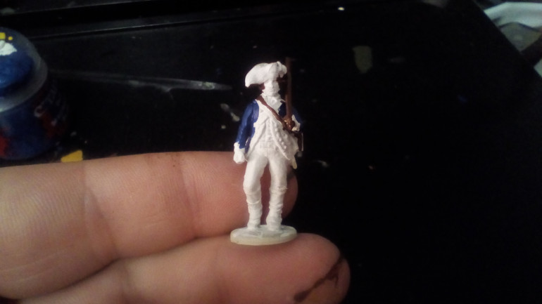 Painted with Macrage Blue leaving the white. The brown musket and canteen strap were also painted. For starters I'm going with White facings which to me looks the best and is perfectly accurate.