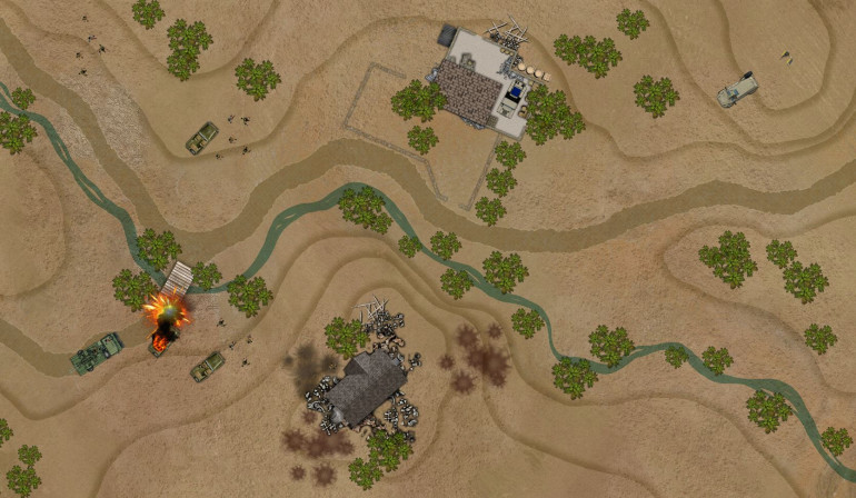 Air Ops Station WHISKEY is under attack!  Claymore mines set up by Templar earlier took out that first SAA Jeep that tried to cross that small bridge over the creek.