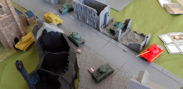 The Shermans look to regroup whilst exchanging fire with the Jadgpanther and Panther.