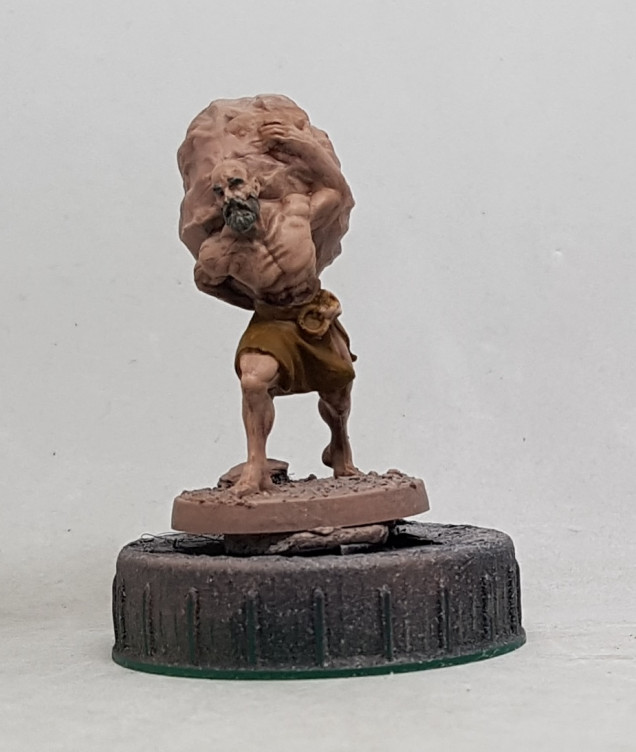 The flesh was drybrushed with P3 Midlund Flesh.  Grey Hair: Base with VMC 70.992 Neutral Grey, drybrush with P3 Menoth White base and wash with GW Nuln Oil.  I'm sure we all remember the tale of Sisyphus having to move the worlds largest meatball up a hill.