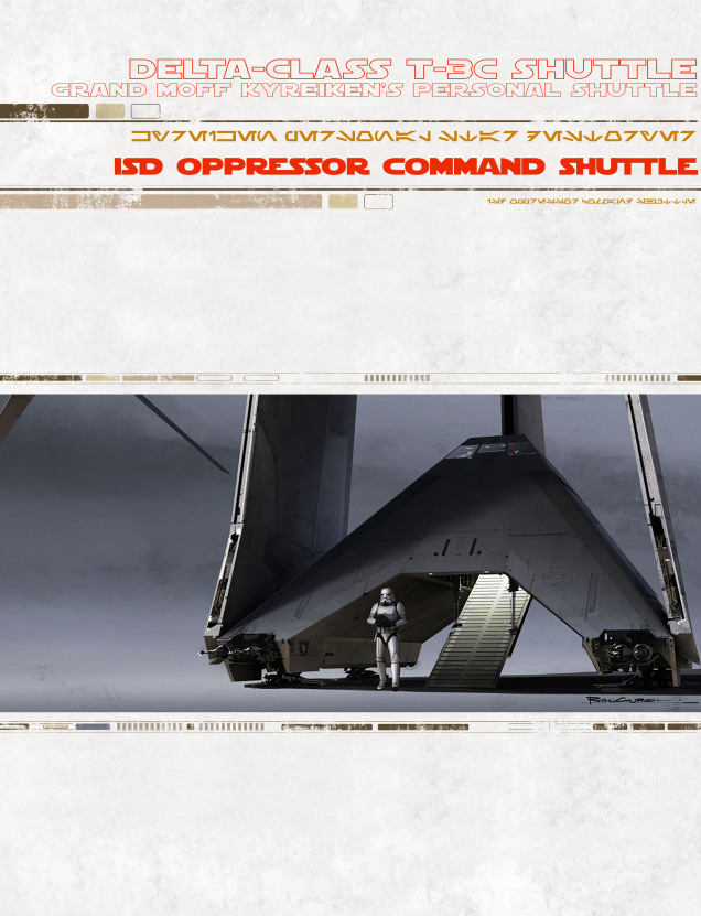 This ship was optimized for stealth, with a dark, sloped hull and composite skin. The crew cabin was sparse, with simple crash seats and storage straps. The foldable lateral wings decreased the shuttle's footprint when on the ground. The wings contained HoloNet and Subspace antennae to maintain communications when in deep space. Laser cannons were attached to the bottom of the shuttle and on the tip of each of its three wings.