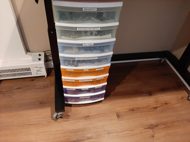 Organized and labelled projects in a multi drawer plastic organizer. 