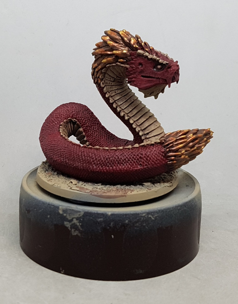 The belly was drybrushed up with 50/50 P3 Hammerfall Khaki / Menoth White Base.  The scales were drybrushed with 60/40 mix of P3 Skorne Red / Menoth White base.  The top half of the spines were enhanced with 50/50 Aged Copper/Darkstar Copper. The highlight was increased with Copper, then 50/50 Copper/Darkstar Polished Copper and eventually just a glint of Polished Copper.  Finally, the spines and the scales fading in to them were washed with Instar Heavy Brown