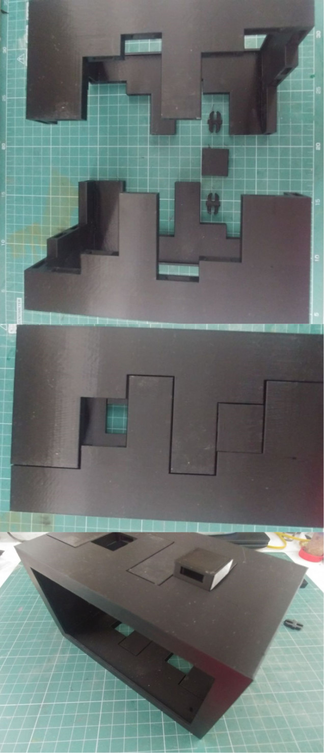 From top to bottom: 1. OpenLock system in the works, 2. Top view of closed frame (the other hole will be closed the same way. 3. Closed frame ready to be attached to a frame above it.  