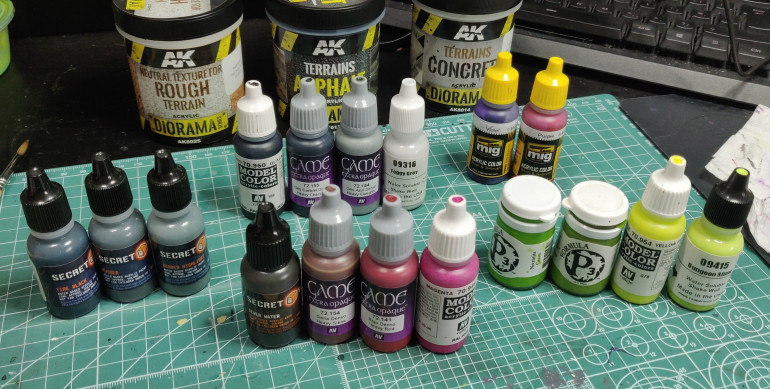 All paints used so far (except for  primers) (also ignore the AK textures, I haven't worked out my basing yet) 