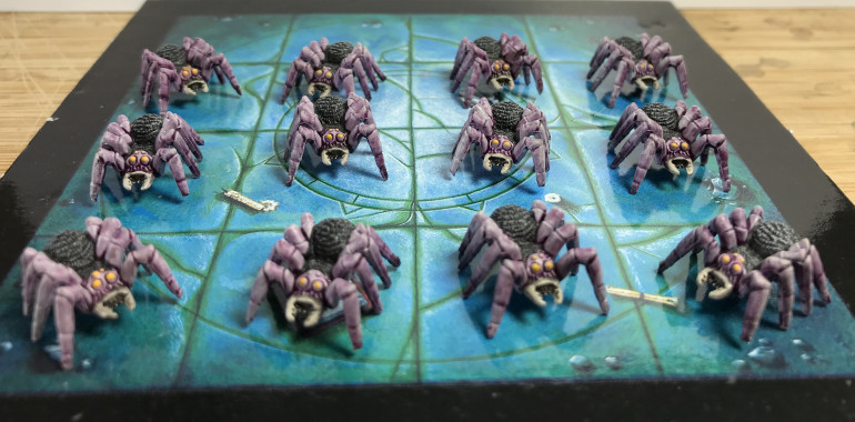 The spiders were a blast to paint and were  super quick. They were based with corax white, then painted with the contrast purple mixed with contrast medium about 50/50. Then the body was painted with black templar, the eyes were then painted yellow. The last thing i did was drybush the spiders all over with wraith bone.