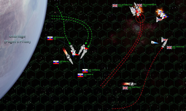 The Russians turn hard toward the British, but the Agamemnon (the fastest heavy cruiser in currently in the Darkstar ‘verse) accelerates to 27 kilometers per second and pivots out of the way, along with her escort ship (light cruiser HMS Retribution).  The Vindictive powers away from the planet, perhaps hoping to recover her surviving bombers (one has been lost) in peace.  But she actually moves too fast, trying to get herself clear of the Russian broadsides.  While she succeeds at this, she’s actually moving faster than the hapless bombers trying to land.  Meanwhile, the Russian carrier Volkhov recovers her ten Tupolev Tu-97 “Zvesburya” (Star Storm) bombers, the hanger crews feverishly beginning preparations for a second launch and strike.  The Russian Mikoyan-Guyevich MiG-103 “Tunguska” fighters, meanwhile, make a nigh-suicidal strafing run on the badly-damaged and unshielded stern of the Agamemnon.  Five are shot down, but their gunnery, combined with another smaller wave of P-500s, is enough to knock down the Agamemnon’s engines and leave the British flagship dead in space.  ADVANTAGE: RUSSIANS