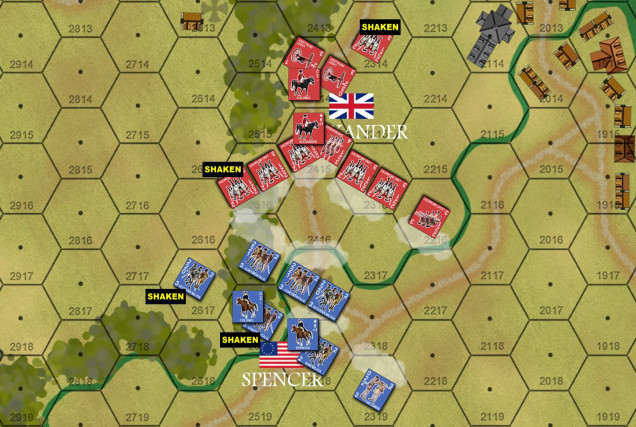 The situation on Turn 5 on the American right.  Although I was holding well for the moment, I had lost both divisions of American artillery (6 pounders) in some forced withdrawals / stacking violations.  So British artillery would be unchallenged from here on, and I'm sure they would eventually help break my hold on the objective hex (ford over that stream).