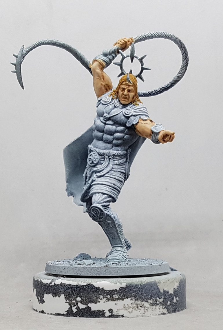 God Flesh: Base with Reaper Caucasian Flesh.  Wash with Reaper Flesh Wash.  Reclaim most with Caucassian flesh.  First highlights with 50/50 Caucasian Flesh/Reaper Maiden Flesh, and then pure Maiden Flesh.  Blonde Hair: Base with Reaper 09256 Blonde Shadow, drybrush with Reaper 09258 Blonde Highlight and wash with Coat d'arms 113 Flesh Ink Wash