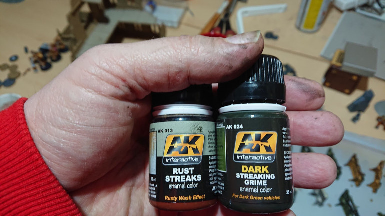 I use both of the weathering washes for the effect I want. Bear in mind these are enamels and you should do this in a well ventilated area as they do smell a bit. You also need white spirits to clean tools.