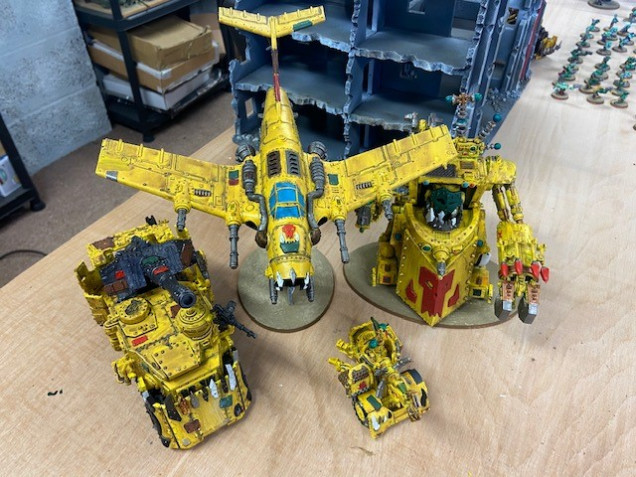 Dakka jet, Morkanaut and Battle wagon all finished using Fiat Broom Yellow as a base coat. Mek Gun is still in progress...