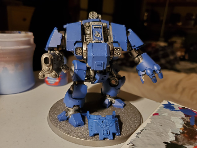 The first stage is to get the basecoat on. As a famous man once said; 'two thin coats'. A smooth, solid colour is what you want here. In a few places I put it on a bit thick, but the overall look works for me. Obviously, I used Macragge Blue here, but you can choose different colours for different chapters.