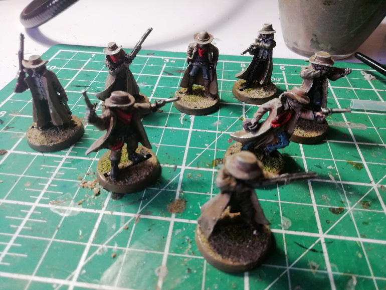 After playing red dead redemption on the Xbox it has made me look again at my old West paint work. My outlaw gang are far too uniform. I wanted to make them a little more individual but with a spot if green to tie them all together. The red was two bright.