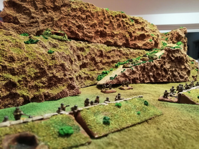 Some of the Fallschirmjager's defensive positions. Note the MG nest looming over the battlefield on the hill