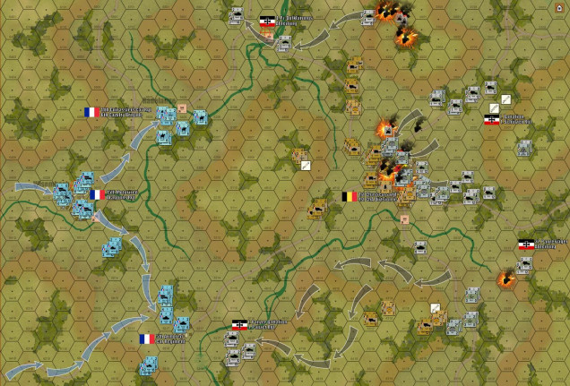 Turn 3, and here come the French (lead elements, 5e Division Légère de Cavalerie - 5th Light Cavalry Division).  Now historically these guys didn’t arrive until Day 3, long after these forward Belgian units had been virtually annihilated.  But for a fun stream we included them here anyway.  Just in time to, because the Germans have shaken off their bloody noses of Turn 1 and 2.  The Belgian left wing is gone, the Belgian center is cracked (but not quite collapsed YET),  and the Belgian right is fatally outflanked.  But they’ve delayed and blooded the Germans far more than should have been possible.  
