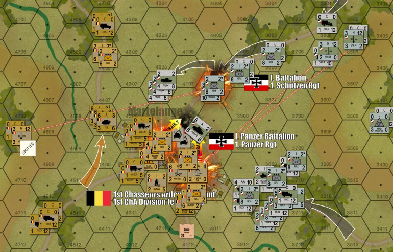 More bad news for the Germans comes when I hit the Belgian center proper on Turn 2.  As I approach the town of Martelange (Belgian / Luxembourg border), Elessar pulls back from the first hex of the town on Turn 1.  This gives me a foot hold in the town for free, but also compels me to advance into the town and engage the Belgians at close range in a street fight on Turn 2.  Long-range fire support isn’t nearly as easy all of a sudden.  In a rush and not really paying attention, I send in the PzKpfw- IVDs and PzKpfw-IIIs to bulk up the “assault hex’s” defense against anticipated Belgian infantry attack (those Mark IVs will do great with point-blank HE fire, but the Mark IIIs are practically useless in this fight).  What I SHOULD have done is call in off-board artillery fire, but those batteries were left out of this game for purposes of the stream.  This aside, what I also should have done was backed off with the tanks and sent in infantry, allowing the tanks to employ fire support from a different angle.  But again, I was in a rush and not paying attention.  Elessar’s 47mm ATGs and 13mm Maxim TuF HMGs pinned down by Mark IVs, and then he followed up with a great roll on a converging “CAT” (close assault tactics) battle.  Basically, it was the “Belgian Prequel” for Saving Private Ryan, infantry mass-assaulting German tanks driving blithely through close city streets.  There go two platoons of Mark IVs ... ten tanks in all.  Ooof.  Boss-man Guderian will NOT be happy. =(