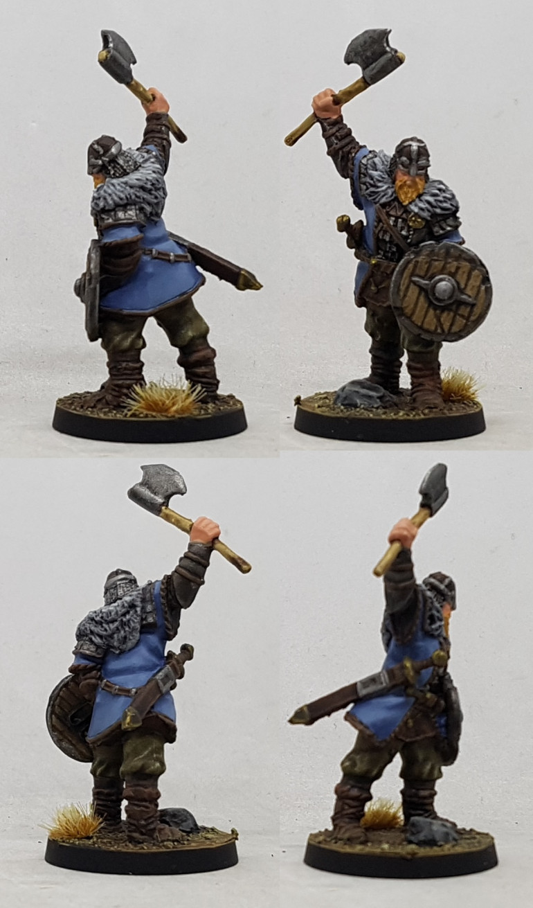 The blue was painted with the same colours as Apollo. The trousers were P3 Traitor Green, washed with Agrax Earthshade and drubrushed up with P3 Thrall Flesh. The wood handle was P3 Menoth White base, washed with Agrax.