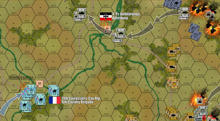 In the north, the Belgian left wing is gone.  Although two platoons of my light armor failed to rally from earlier Belgian close assaults and were then blown up by continued assaults on Turn two, follow-on German light armor pinned down a full squadron (company) of Belgian cavalry (150 mounts) that tried to counterattack.  None of these rallied and were then butchered by sustained German 2.0cm autocannon fire.  The same fate was share by Belgian infantry and Maxim HMG sections, already mauled by Stuka air strikes.  The way is thus open for a route around the north, across that Ardennes stream and seizing the first German objective hex.  But is it too late?  Already the French cavalry of 5th DLC has arrived.