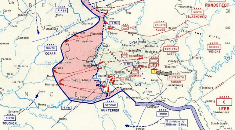 Our first game is scheduled for Sunday (live stream at 5 PM US EST).  The map shows where it takes place at, the yellow rectangle is scaled for the actual size of our gaming table.  So leading elements of Panzergruppe Kleist, spearheading Army Group A, have smashed completely through Luxembourg in about half an hour and are now entering southern Belgium.  They will be met by Belgian forces along the border, who KNOW that can't stop the Germans, but hopefully will delay them until French allies arrive from behind them.  For reference, note the far upper left, the city of Lillie (where some of the last delaying actions for the Dunkirk evacuation will be held in about three weeks), and the lower right we see Verdun.  Closer to the imminent battlefield, we see Belgian towns like Neufacheteau and Bastogne ... this fight will take place on nearly the exact battlefields as the Battle of the Bulge 4 1/2 years later ...