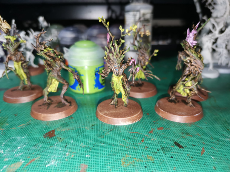 I drybrush moot green over the leaves and vines, this can be done fairly rough as it gives a gradient from yellow to green. I then drybrush the bark with Mootgreen to give a mossy effect, especially where there are more creases like at elbow joints. (Bonus tip - try stipling)